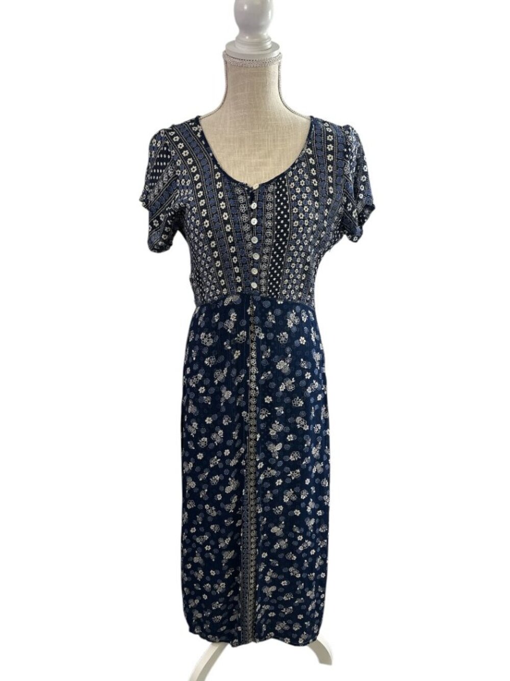 Vtg Rene Derhy Maxi Dress Mixed Print Overlay Skirt Boho Cottagecore Sz S